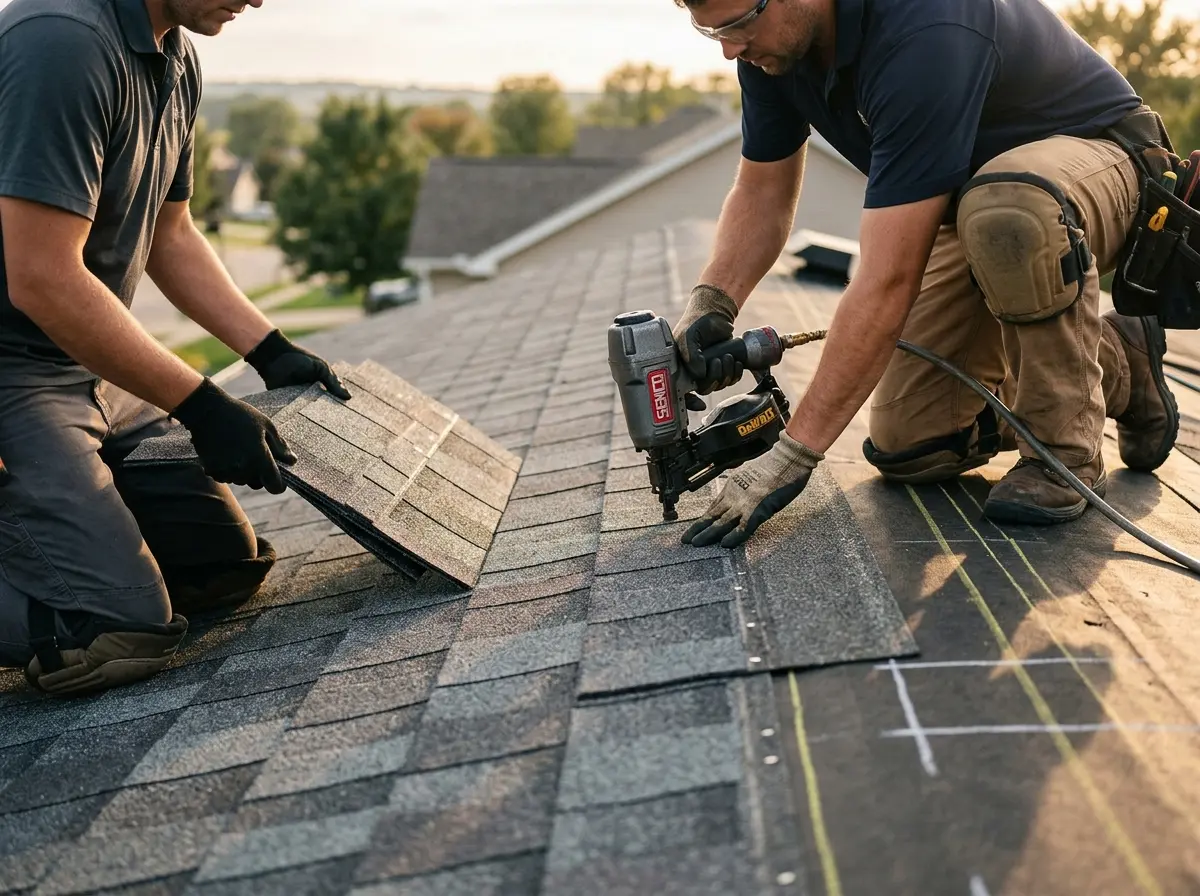 Professional roofer working on a residential roof in Oakley